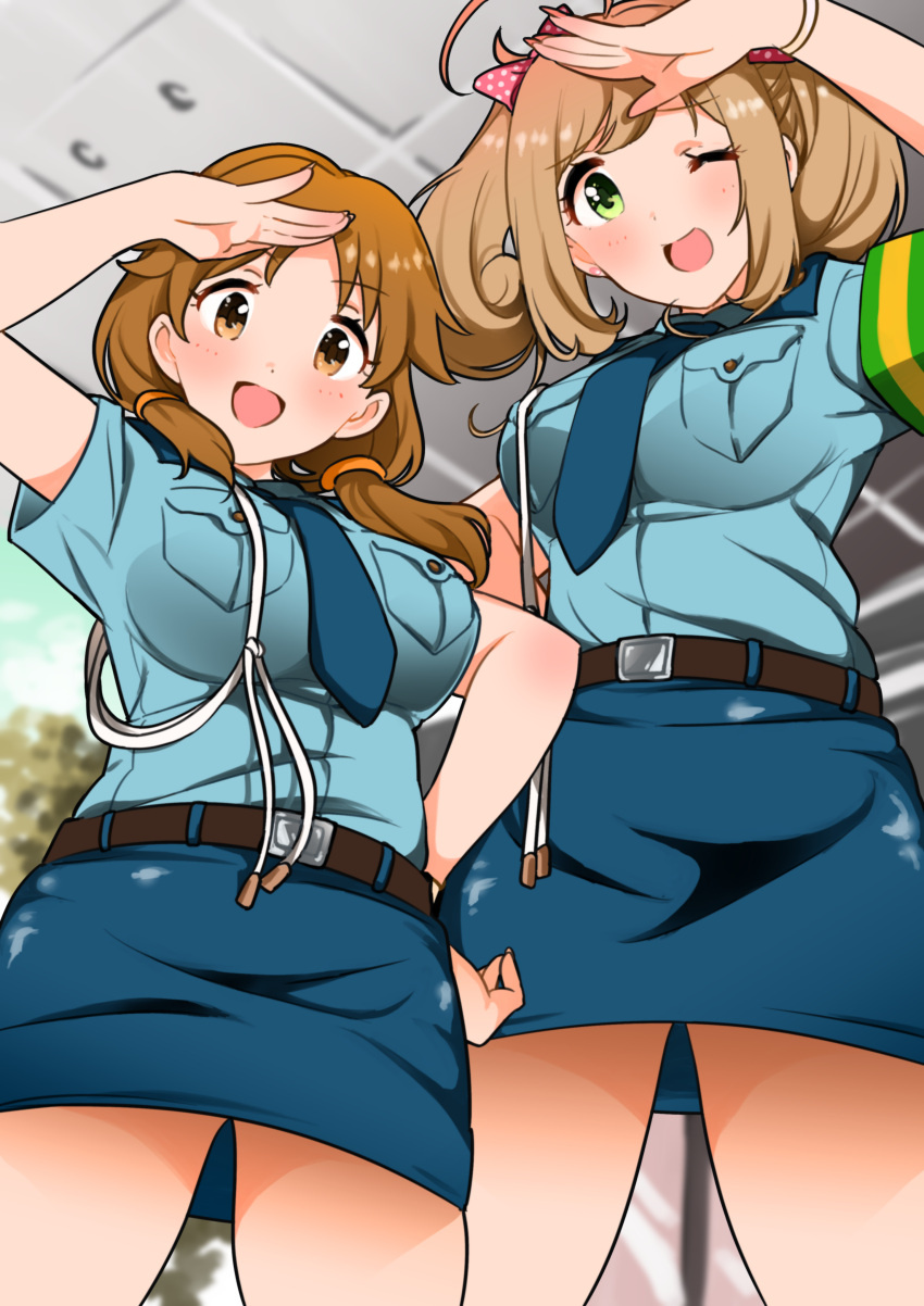 216_zig, 2girls, :d, absurdres, ahoge, armband, belt, blue_shirt