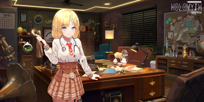 1girl, blinds, blonde_hair, blue_eyes, bubba_(watson_amelia), bulletin_board, calendar_(object), chair