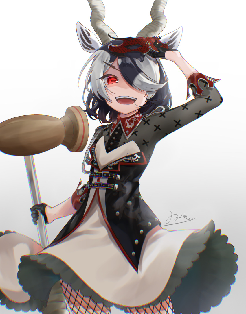 1girl, alternate_costume, antelope_ears, antelope_horns, black_dress, black_gloves, black_hair, blackbuck_(kemono_friends)