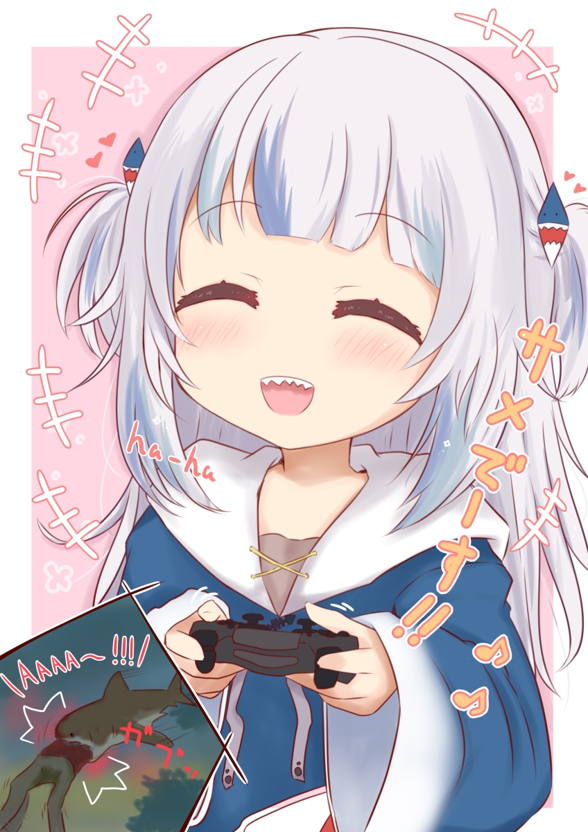 +++, /\/\/\, 1girl, :d, ^_^, bangs, blue_hair, blue_hoodie