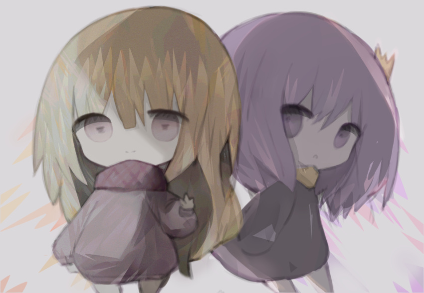 2girls, bangs, black_dress, brown_eyes, brown_shirt, character_request, chibi, closed_mouth, commentary_request, cottontailtokki, crown, dress, eyebrows_visible_through_hair, grey_background, hair_between_eyes, long_sleeves, looking_at_viewer, mini_crown, multiple_girls, puffy_long_sleeves, puffy_sleeves, purple_hair, shadowverse, shingeki_no_bahamut, shirt, sleeves_past_wrists, smile, spinaria_(shingeki_no_bahamut), standing, violet_eyes