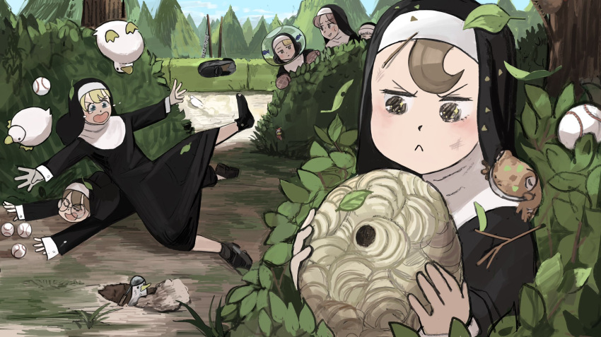 6+girls, :<, animal_on_shoulder, baseball, bird, black_footwear, black_legwear, blonde_hair, blue_eyes, brown_eyes, brown_hair, bush, catholic, chicken, chili_pepper, closed_eyes, commentary, day, digging, diva_(hyxpk), duck, english_commentary, fallen_down, falling, fishbowl, food, food_on_head, frog, habit, head_out_of_frame, hedge_(plant), hiding, highres, holding, hornet_nest, in_tree, ladle, leaf, leaf_on_head, loafers, mouth_hold, multiple_girls, nun, object_on_head, open_mouth, original, outdoors, oven_mitts, panicking, peeking, peeking_out, pole, redhead, shoe_removed, shoes, silver_hair, socks, sparkling_eyes, string_of_flags, sweatdrop, tree, twig