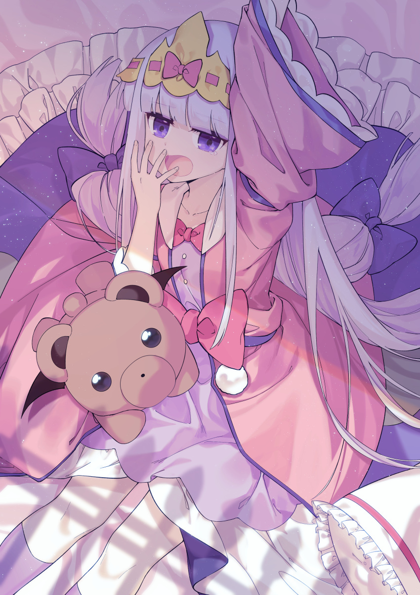 1girl, absurdres, arm_up, aurora_sya_lis_kaymin, bangs, bed_sheet, blunt_bangs, bow