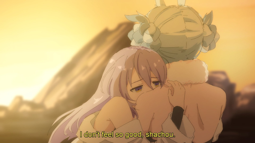 2girls, avengers:_infinity_war, blue_hair, english_commentary, english_text, highres, hololive, hololive_english, hug, i_don't_feel_so_good_(meme), j_coeb, long_hair, looking_down, meme, moona_hoshinova, multiple_girls, parody, purple_hair, subtitled, usada_pekora, violet_eyes, virtual_youtuber