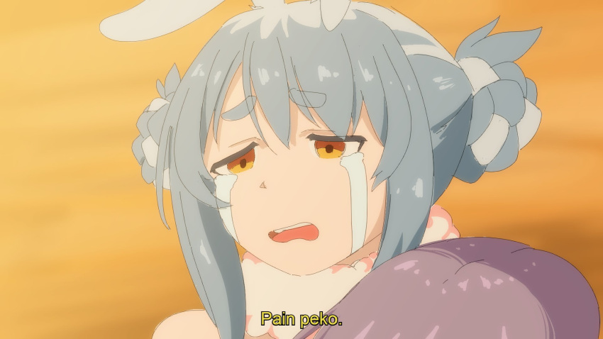 2girls, animal_ears, avengers:_infinity_war, blue_hair, crying, english_commentary, highres, hololive, hololive_indonesia, hug, j_coeb, looking_down, moona_hoshinova, multiple_girls, open_mouth, parody, purple_hair, rabbit_ears, tied_hair, usada_pekora, virtual_youtuber