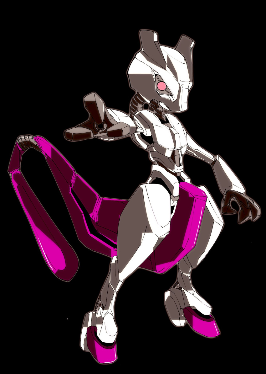 black_background, gen_1_pokemon, highres, kuroiwa_cookie, legendary_pokemon, looking_at_viewer, mecha, mechanical_tail, mechanization, mewtwo, no_humans, pink_eyes, pokemon, robot, standing, tail