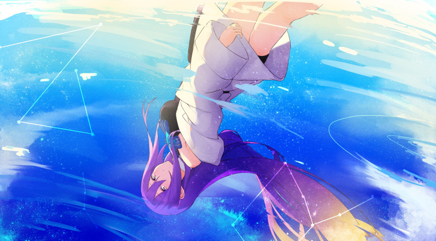 1girl, absurdres, blonde_hair, breasts, english_commentary, floating_hair, furai_sen, gradient_hair, highres, hololive, hololive_indonesia, large_breasts, long_hair, looking_down, moona_hoshinova, multicolored_hair, purple_hair, reflection, solo, textless, very_long_hair, virtual_youtuber, walking