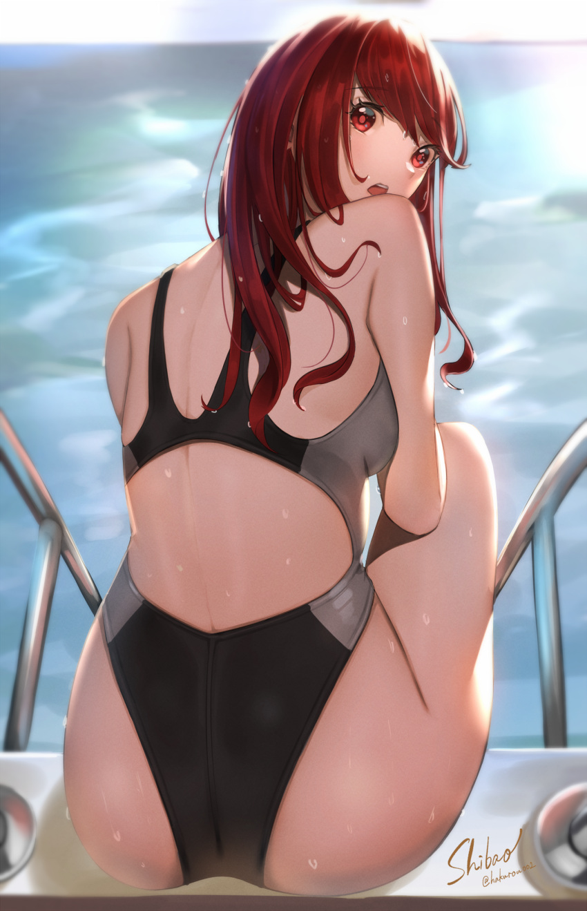 1girl, ass, back_cutout, blurry, blurry_background, clothing_cutout, competition_swimsuit, eyebrows_visible_through_hair, gedou_hakurou, handrail, highres, long_hair, looking_back, one-piece_swimsuit, open_mouth, persona, persona_5, persona_5_the_royal, red_eyes, redhead, signature, solo, swimsuit, twitter_username, wet, yoshizawa_kasumi