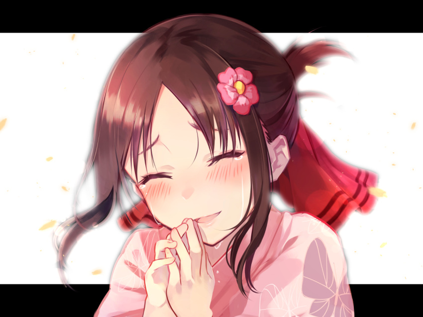 1girl, animal_print, bangs, blush, brat, brown_hair, butterfly_print, closed_eyes