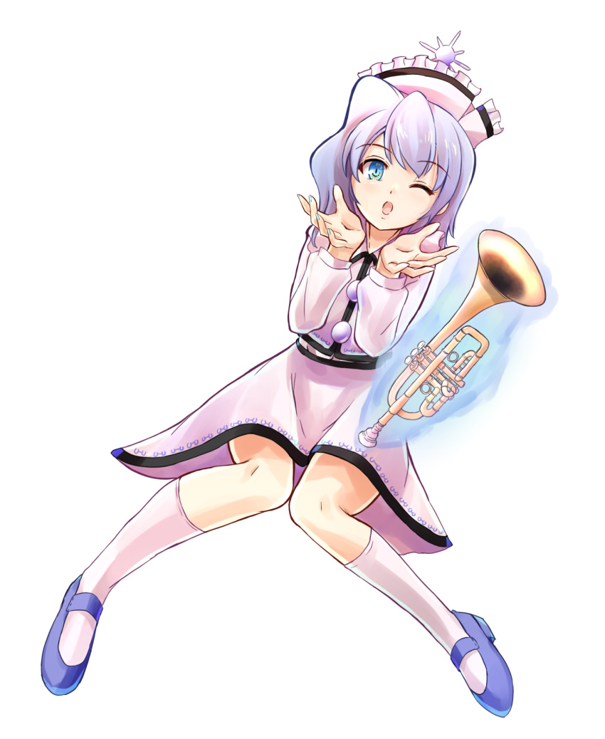 1girl, ;o, blue_eyes, blue_footwear, collared_shirt, eyebrows_visible_through_hair, full_body, highres