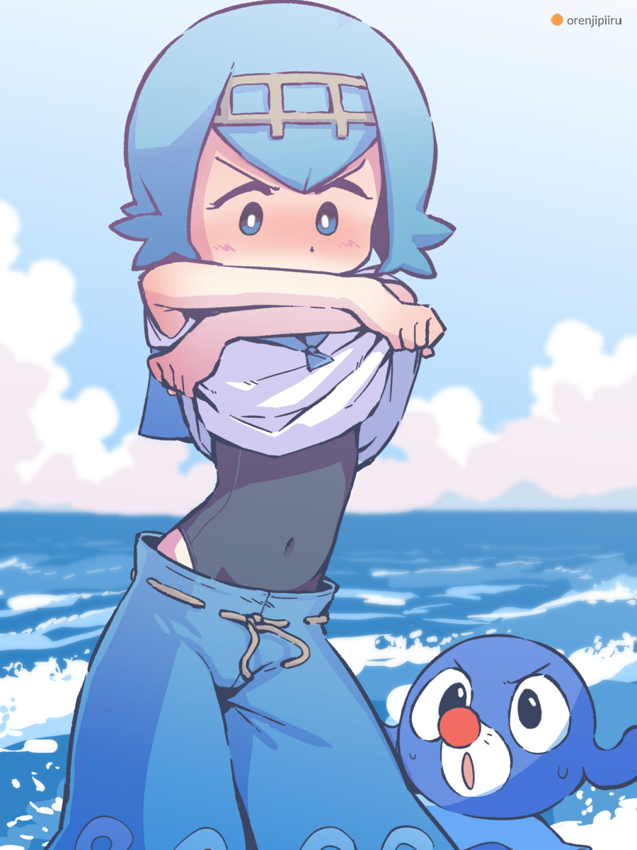 1girl, arms_up, artist_name, bangs, black_swimsuit, blue_background, blue_eyes, blue_hair
