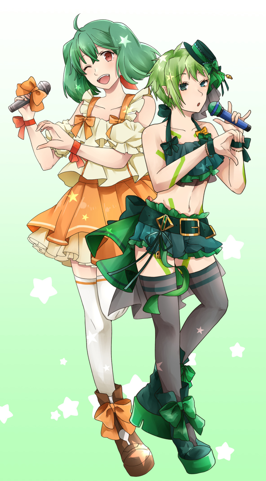 2girls, absurdres, aqua_eyes, brown_eyes, flat_chest, green_hair, highres, holding, holding_microphone, kisa_(kisa-kisa5900), looking_at_viewer, macross, macross_delta, macross_frontier, microphone, midriff, multiple_girls, navel, one_eye_closed, open_mouth, pointy_ears, ranka_lee, reina_prowler, short_hair