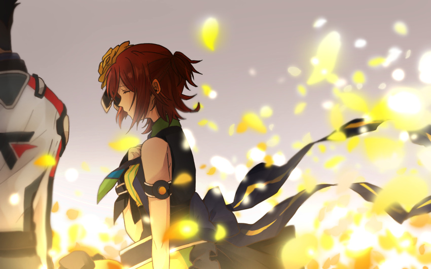 1boy, 1girl, closed_eyes, flower, hair_flower, hair_ornament, highres, kaname_buccaneer