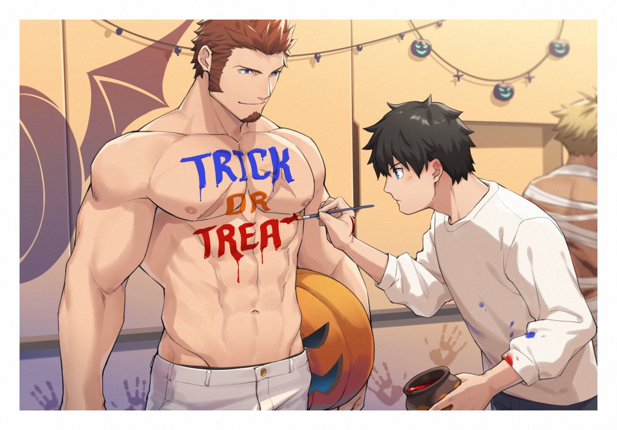 3boys, 47, abs, bandages, bara, beowulf_(fate/grand_order), biceps, black_hair