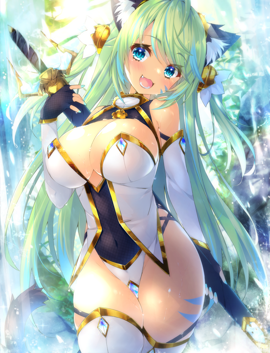 1girl, animal_ear_fluff, animal_ears, black_gloves, blue_eyes, breasts, cat_ears, cat_tail, cleavage_cutout, clothing_cutout, dark_skin, detached_sleeves, facial_mark, fang, fingerless_gloves, gloves, green_hair, highres, large_breasts, leotard, long_hair, looking_at_viewer, ooji_cha, open_mouth, original, outdoors, solo, sword, tail, tattoo, thigh-highs, weapon, white_legwear