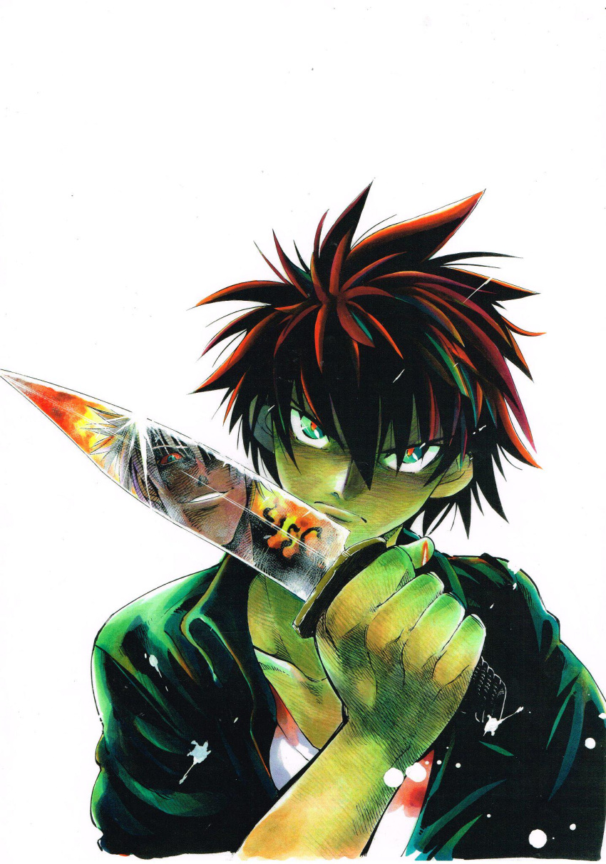 2boys, arai_takahiro, black_hair, darren_shan, glaring, highres, holding, holding_knife, holding_weapon, knife, multiple_boys, official_art, reflection, short_hair, smile, solo_focus, steve_leonard, the_saga_of_darren_shan, weapon