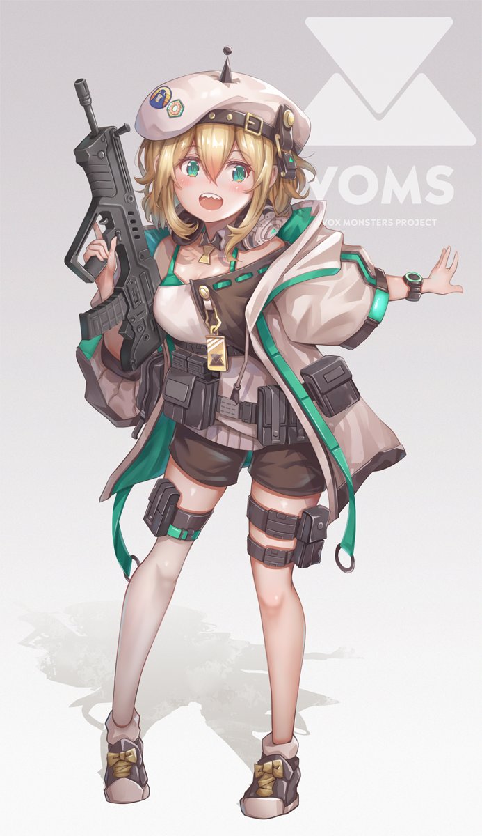 1girl, amano_pikamee, ammunition_pouch, assault_rifle, belt, beret, blonde_hair, blush