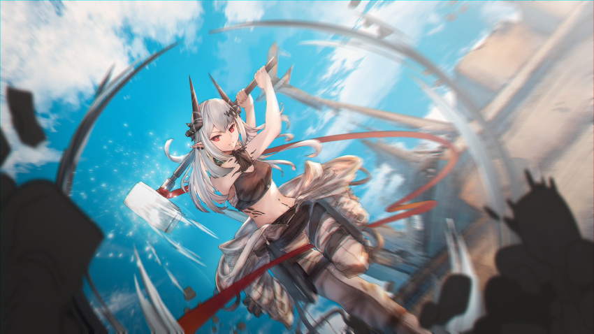 1girl, absurdres, arknights, armband, bangs, bare_shoulders, blue_sky, breasts, chinese_commentary, clouds, commentary_request, crop_top, day, grey_pants, hammer, highres, holding, holding_hammer, holding_weapon, horns, long_hair, looking_at_viewer, midriff, mudrock_(arknights), oripathy_lesion_(arknights), outdoors, pants, parted_lips, partial_commentary, pointy_ears, red_eyes, sarashi, silver_hair, sky, small_breasts, solo, sports_bra, weapon, yigu_ahh