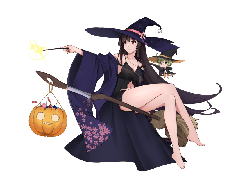 1girl, akagi_(warship_girls_r), alternate_costume, babydoll, black_babydoll, black_hair, breasts, broom, broom_riding, candy, candy_wrapper, collarbone, food, halloween, halloween_bucket, halloween_costume, hat, highres, holding_water, jack-o'-lantern, japanese_clothes, kimono, large_breasts, lollipop, long_hair, niejianli, open_clothes, open_kimono, purple_kimono, red_eyes, sidesaddle, very_long_hair, warship_girls_r, wide_sleeves, witch, witch_hat