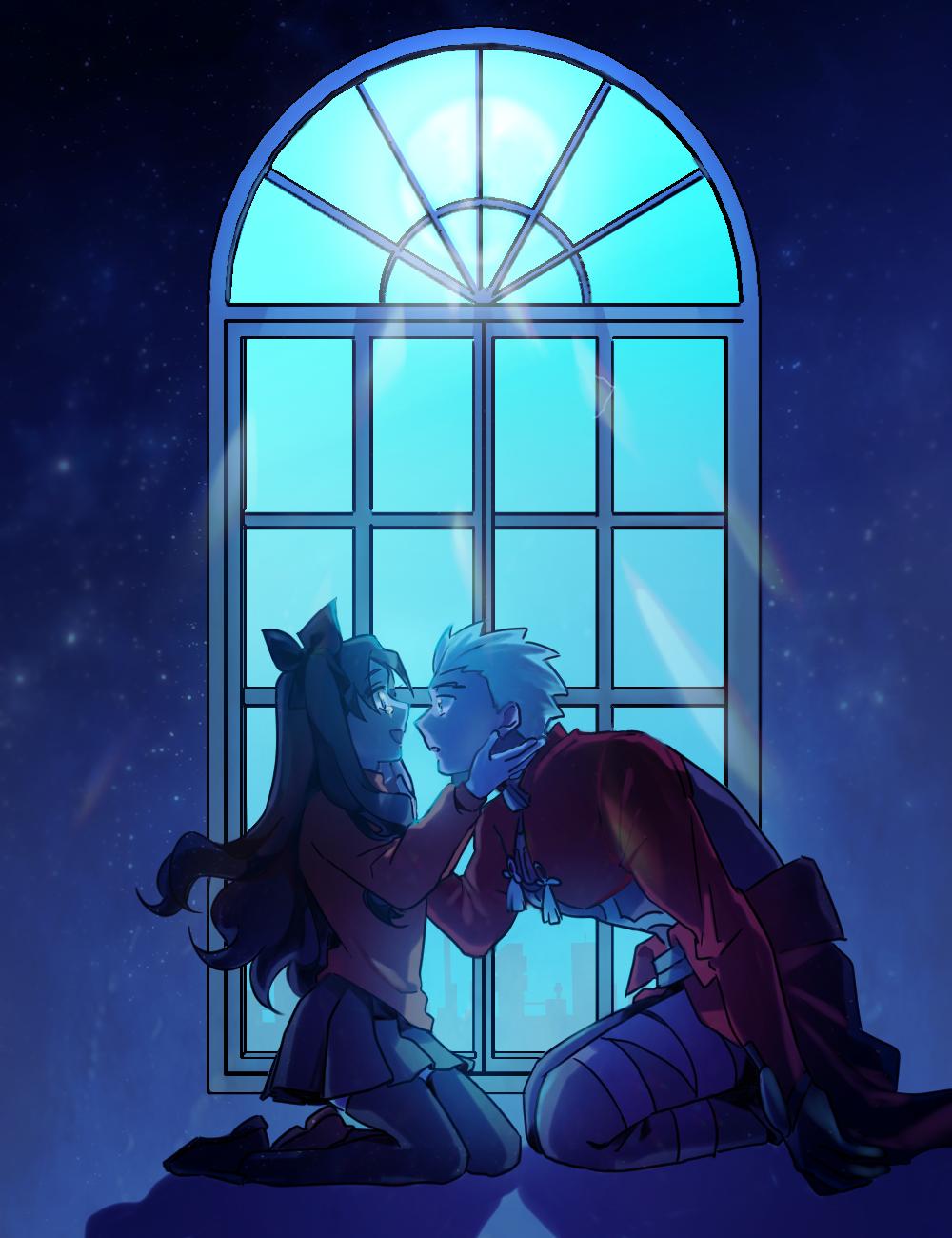 1boy, 1girl, archer, black_hair, blue_background, commentary_request, fate/stay_night, fate_(series)