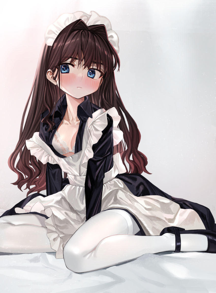 1girl, alternate_costume, apron, bed_sheet, black_dress, black_footwear, blue_eyes, blush, bra, breasts, brown_hair, closed_mouth, commentary, dress, elisia_valfelto, enmaided, eyebrows_visible_through_hair, frown, grey_background, hair_intakes, highres, long_hair, looking_at_viewer, luicent, maid, maid_apron, maid_headdress, mary_janes, medium_dress, on_bed, open_clothes, open_dress, original, pantyhose, shoes, sitting, small_breasts, solo, underwear, white_apron, white_bra, white_legwear, yokozuwari