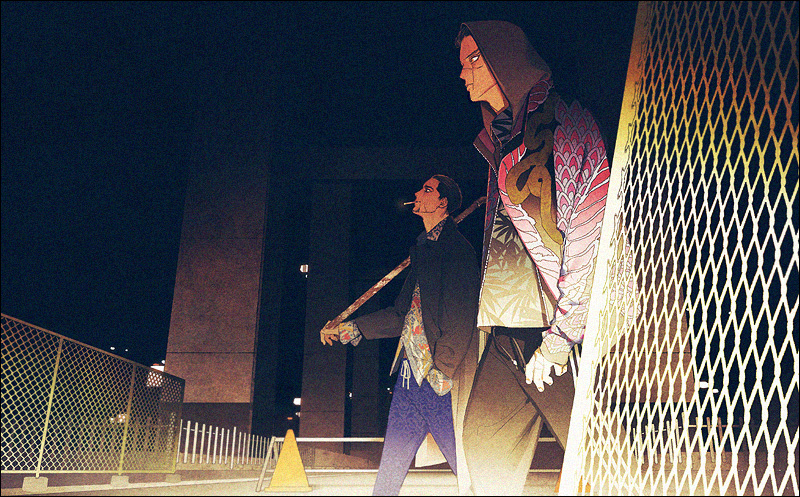2boys, black_hair, black_hoodie, black_pants, blue_pants, casual, contemporary, facial_scar