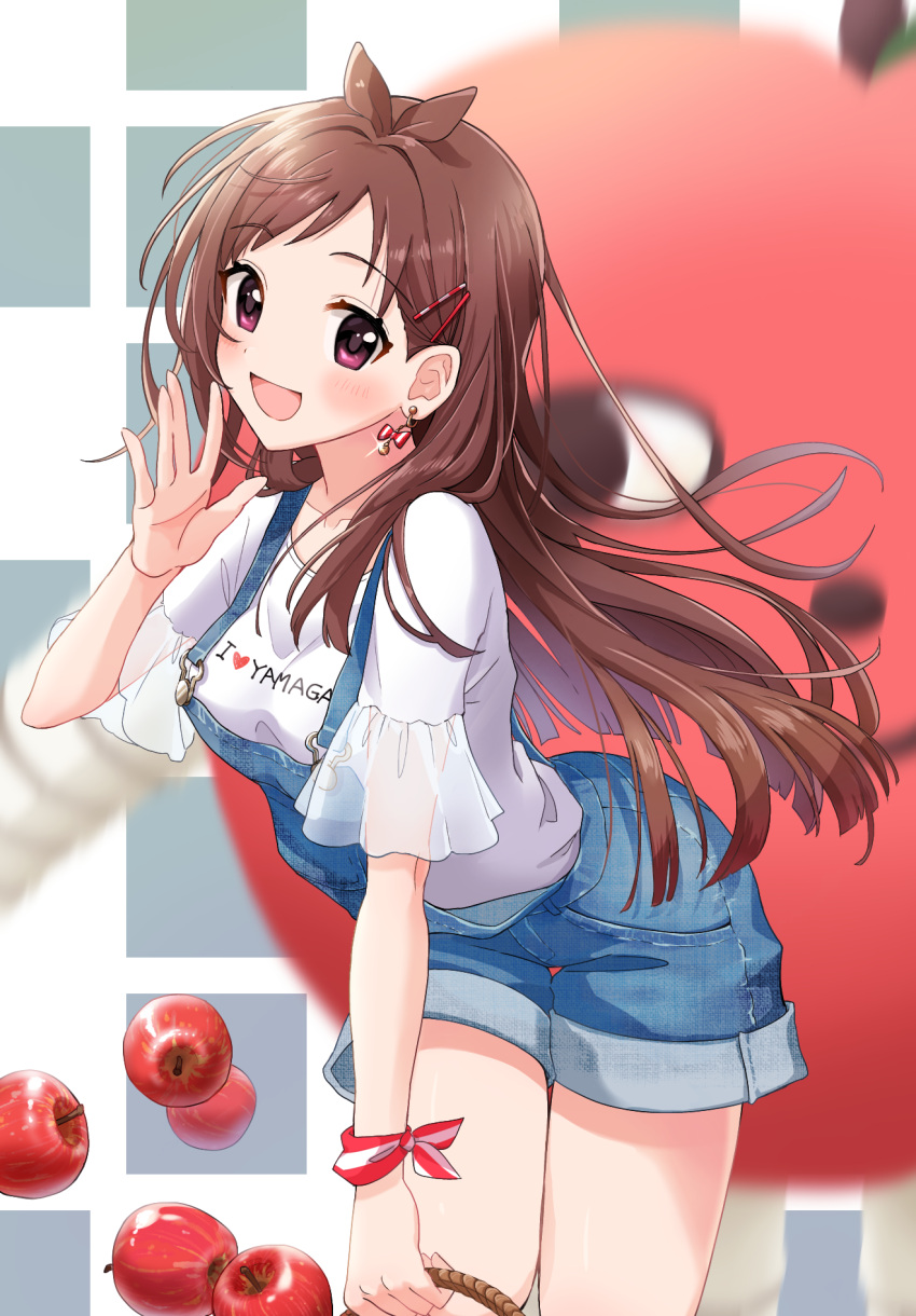 1girl, :d, apple, bangs, basket, blue_overalls, blurry, blurry_background