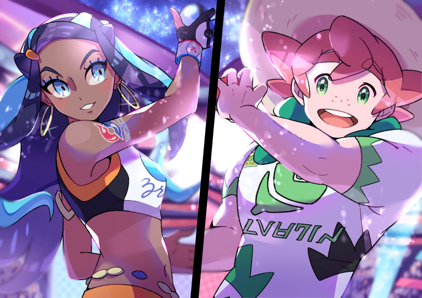 1boy, 1girl, absurdres, aqua_hair, bangs, beige_headwear, belly_chain, black_hair, blue_eyes, blue_eyeshadow, blurry, blurry_background, commentary_request, dark_skin, dive_ball, dynamax_band, earrings, eyebrows_visible_through_hair, eyelashes, eyeshadow, freckles, gloves, green_eyes, hat, highres, holding, holding_poke_ball, hoop_earrings, jewelry, makeup, making-of_available, milo_(pokemon), multicolored_hair, navel, nessa_(pokemon), open_mouth, parted_lips, partially_fingerless_gloves, pink_hair, poke_ball, poke_ball_(basic), pokemon, pokemon_(game), pokemon_swsh, pon_yui, shirt, short_sleeves, smile, split_screen, stadium, sun_hat, tattoo, teeth, tongue, two-tone_hair