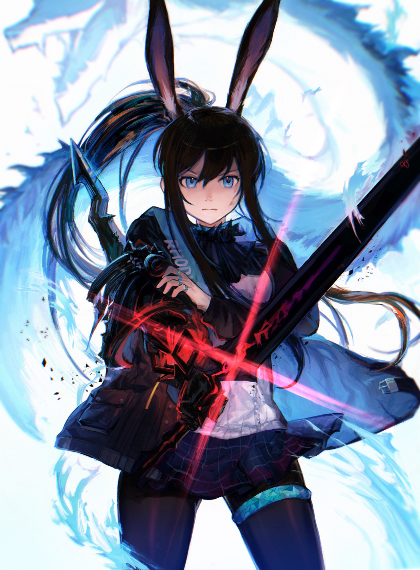 1girl, absurdres, amiya_(arknights), animal_ears, arknights, blue_eyes, brown_hair, dragon, eastern_dragon, gauntlets, glowing, glowing_sword, glowing_weapon, highres, jewelry, low_ponytail, mayf42, pantyhose, plaid, plaid_skirt, rabbit_ears, ring, single_gauntlet, skirt, sword, weapon