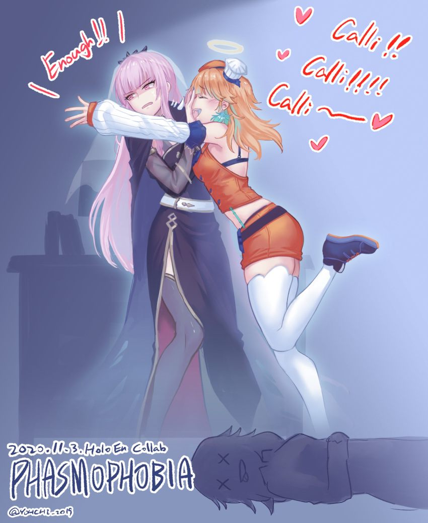 2girls, annoyed, closed_eyes, copyright_name, dated, detached_sleeves, english_text, halo, highres, hololive, hololive_english, looking_back, mori_calliope, multiple_girls, open_mouth, orange_hair, phasmophobia, pink_eyes, pink_hair, pushing_away, takanashi_kiara, tiara, veil, virtual_youtuber, x_x, yohchi_2019