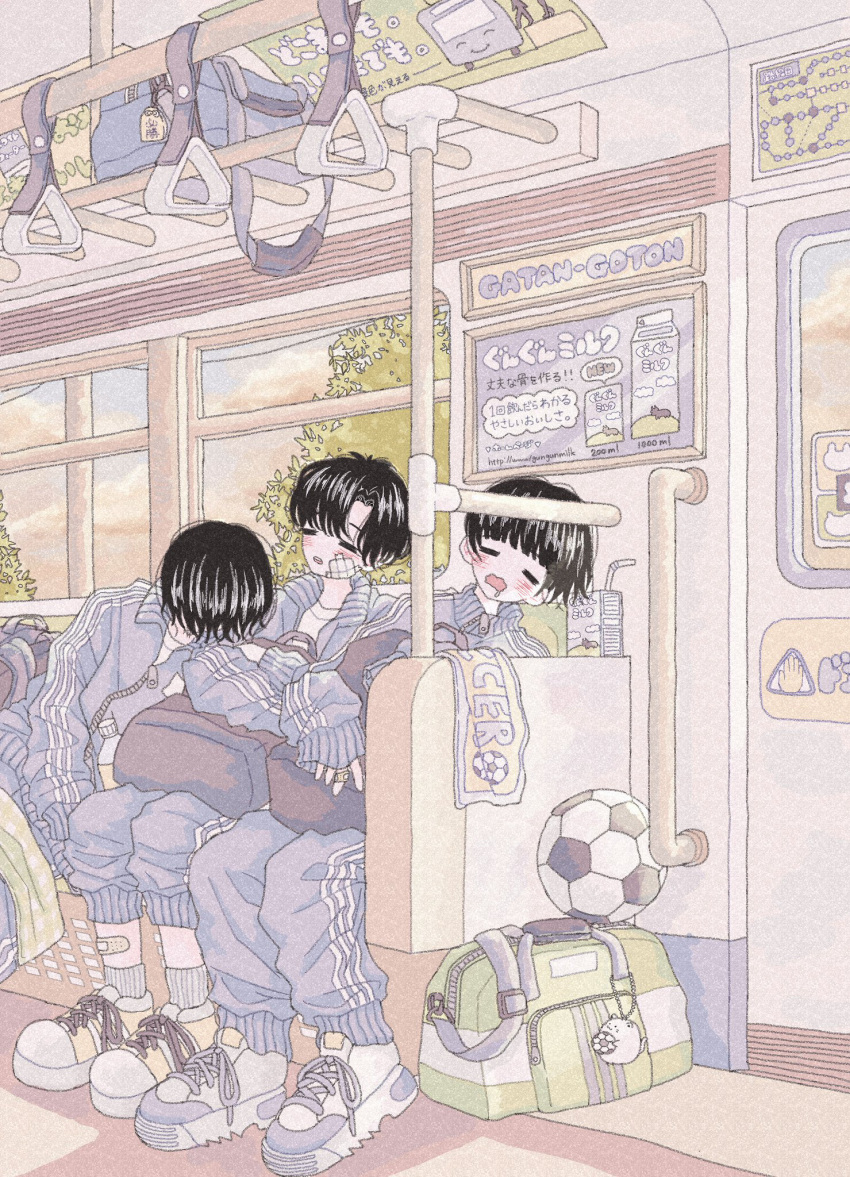 3boys, bag, ball, bandaid, bandaid_on_finger, bandaid_on_leg, bangs, black_hair, blunt_bangs, blush, bottle, closed_eyes, clouds, cloudy_sky, drooling, highres, jacket, leaning_on_person, multiple_boys, nekomaru0817, no_nose, open_mouth, original, pants, shoes, short_hair, sky, sleeping, soccer_ball, track_suit, train_interior, tree, window