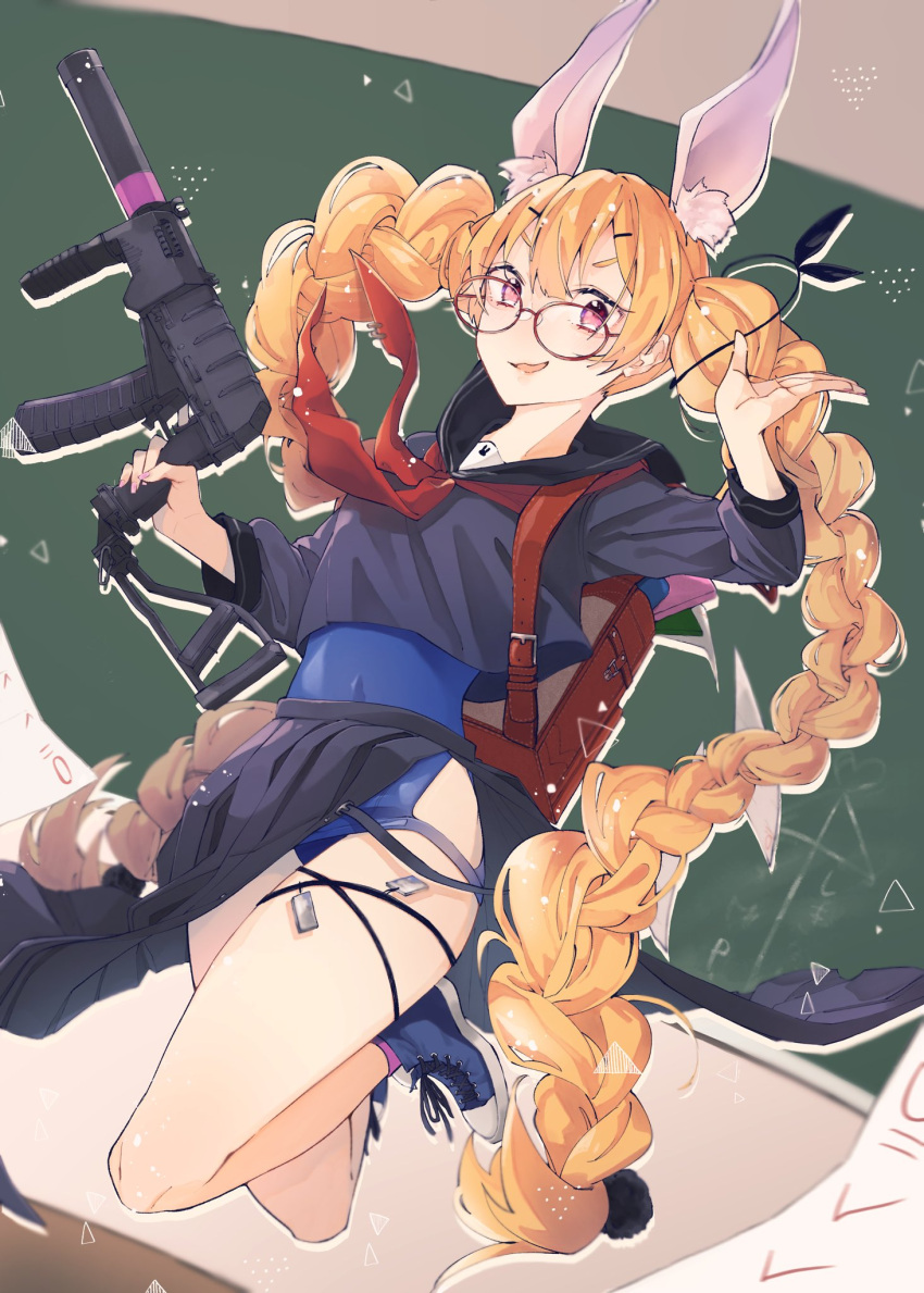 1girl, animal_ear_fluff, animal_ears, backpack, bag, bangs, bespectacled, black_blouse, black_sailor_collar, black_skirt, blonde_hair, blouse, blue_swimsuit, braid, commentary, cross-laced_footwear, dog_tags, floating, girls_frontline, glasses, grey-framed_eyewear, gun, hair_ornament, hairclip, highres, holding, holding_gun, holding_weapon, long_hair, long_sleeves, looking_at_viewer, neckerchief, one-piece_swimsuit, open_clothes, open_mouth, open_skirt, purple_legwear, rabbit_ears, randoseru, red_neckwear, sailor_collar, sakana-ko, school_uniform, serafuku, shoes, skirt, smile, sneakers, socks, solo, sr-3mp, sr-3mp_(girls_frontline), swimsuit, swimsuit_under_clothes, thigh_strap, twin_braids, twintails, very_long_hair, violet_eyes, waving, weapon