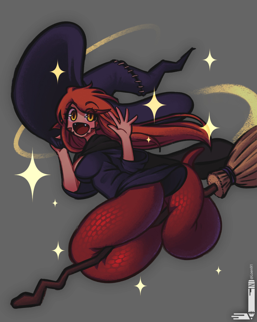 1girl, :d, black_dress, blush, breasts, broom, broom_riding, dress