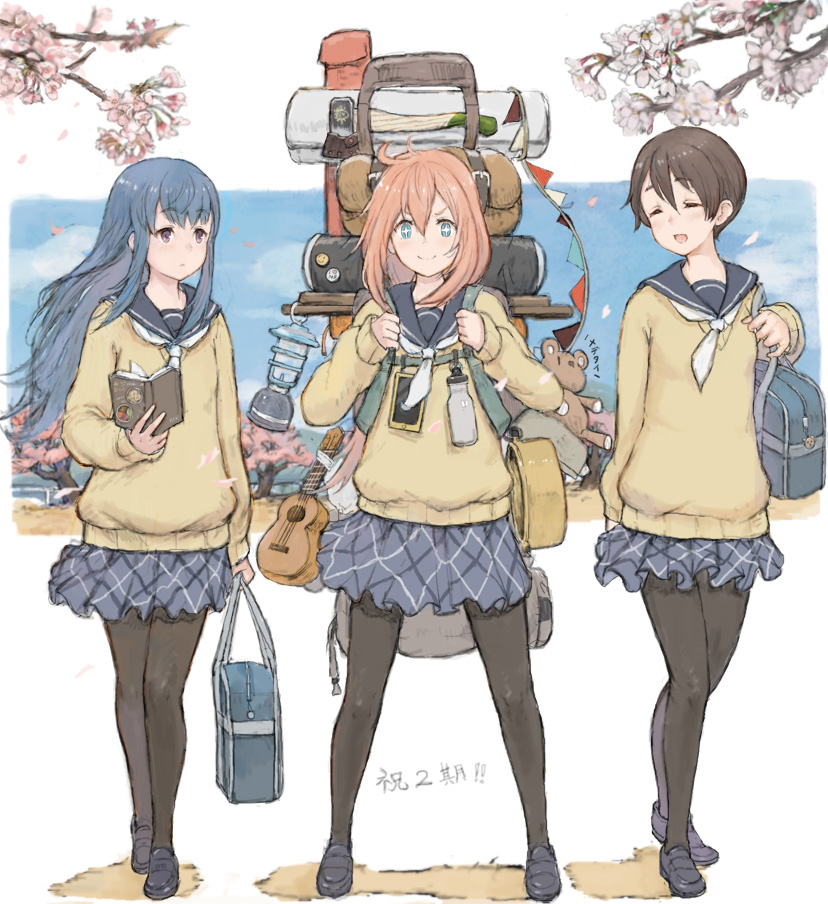 +_+, 3girls, backpack, bag, bangs, black_footwear, black_legwear, blue_eyes