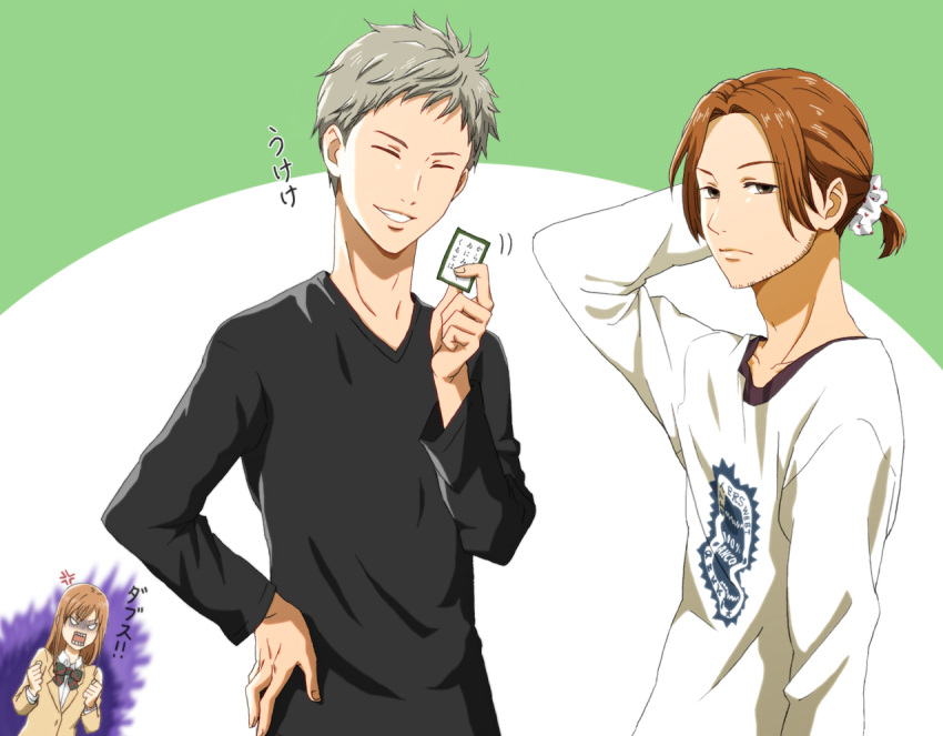 1girl, 2boys, :o, anger_vein, ayase_chihaya, black_bow, black_shirt, bow, brown_hair, chihayafuru, clenched_hands, facial_hair, grey_hair, iroha_karuta, long_sleeves, matatabi_(ygwkw8kh21n12mx3fdjb), multiple_boys, official_style, shirt, short_ponytail, shouting, simple_background, stubble, sudou_akihito, suou_hisashi, upper_body, white_shirt