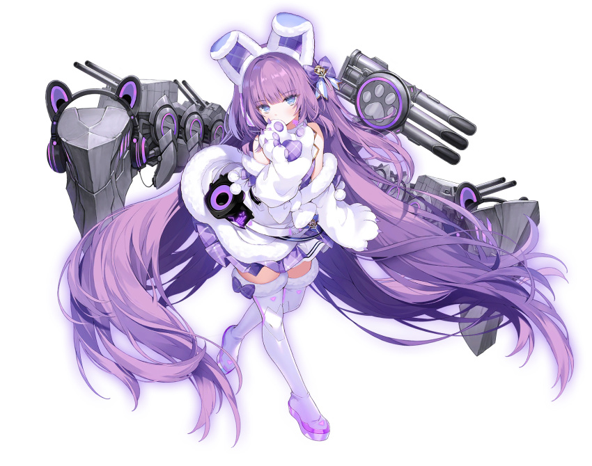 1girl, absurdly_long_hair, animal_ears, azur_lane, bare_shoulders, blue_eyes, boots, bow, byulzzi, coat, covering_mouth, fake_animal_ears, full_body, fur_trim, gloves, hair_bow, highres, idol, long_hair, looking_at_viewer, machinery, miniskirt, off_shoulder, official_art, paw_gloves, paws, pleated_skirt, purple_hair, purple_skirt, shirt, skirt, sleeveless, sleeveless_shirt, solo, stage, tashkent_(azur_lane), tashkent_(muse)_(azur_lane), thigh-highs, torpedo_launcher, transparent_background, turret, two_side_up, very_long_hair, white_coat, white_footwear, zettai_ryouiki