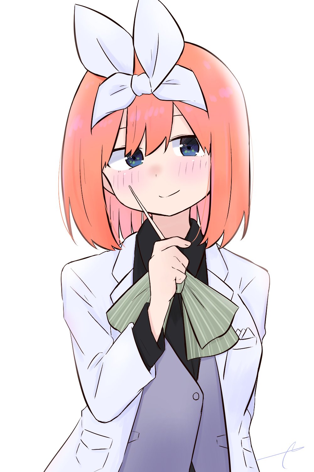 1girl, alternate_costume, bangs, black_shirt, blue_eyes, blush, closed_mouth, collared_shirt
