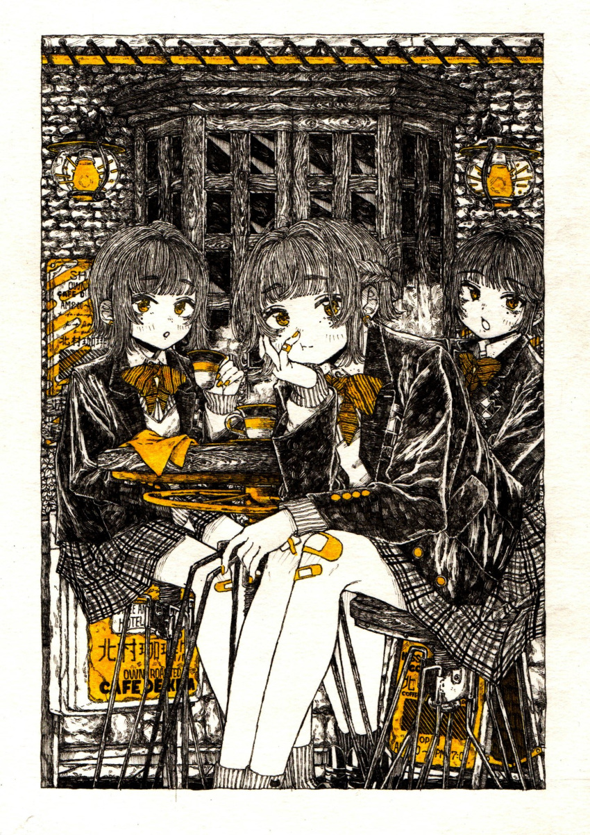 3girls, bandaid, bandaid_on_ear, bandaid_on_finger, bangs, black_footwear, black_jacket, blunt_bangs