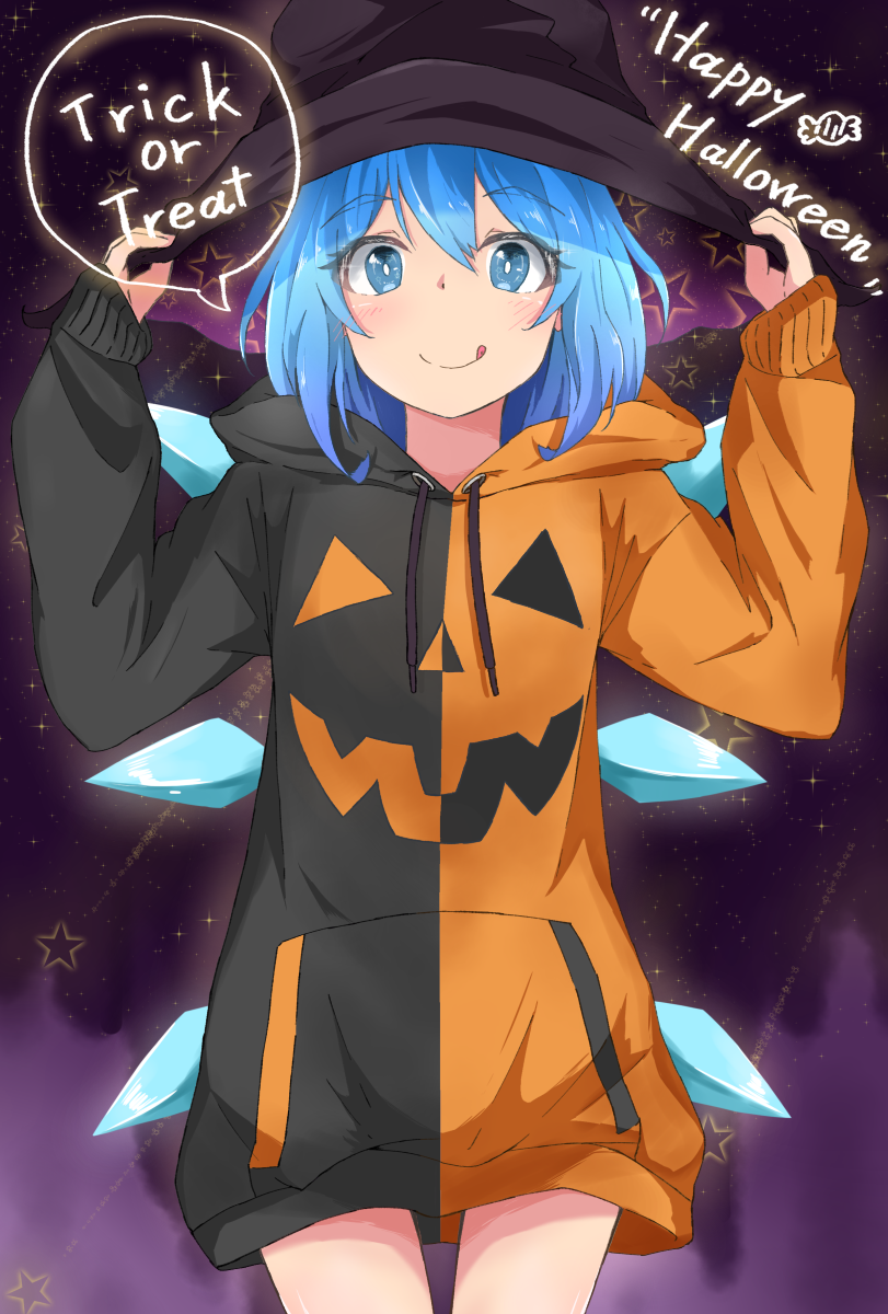 1girl, :q, alternate_costume, arms_up, blue_eyes, blue_hair, bright_pupils, cirno