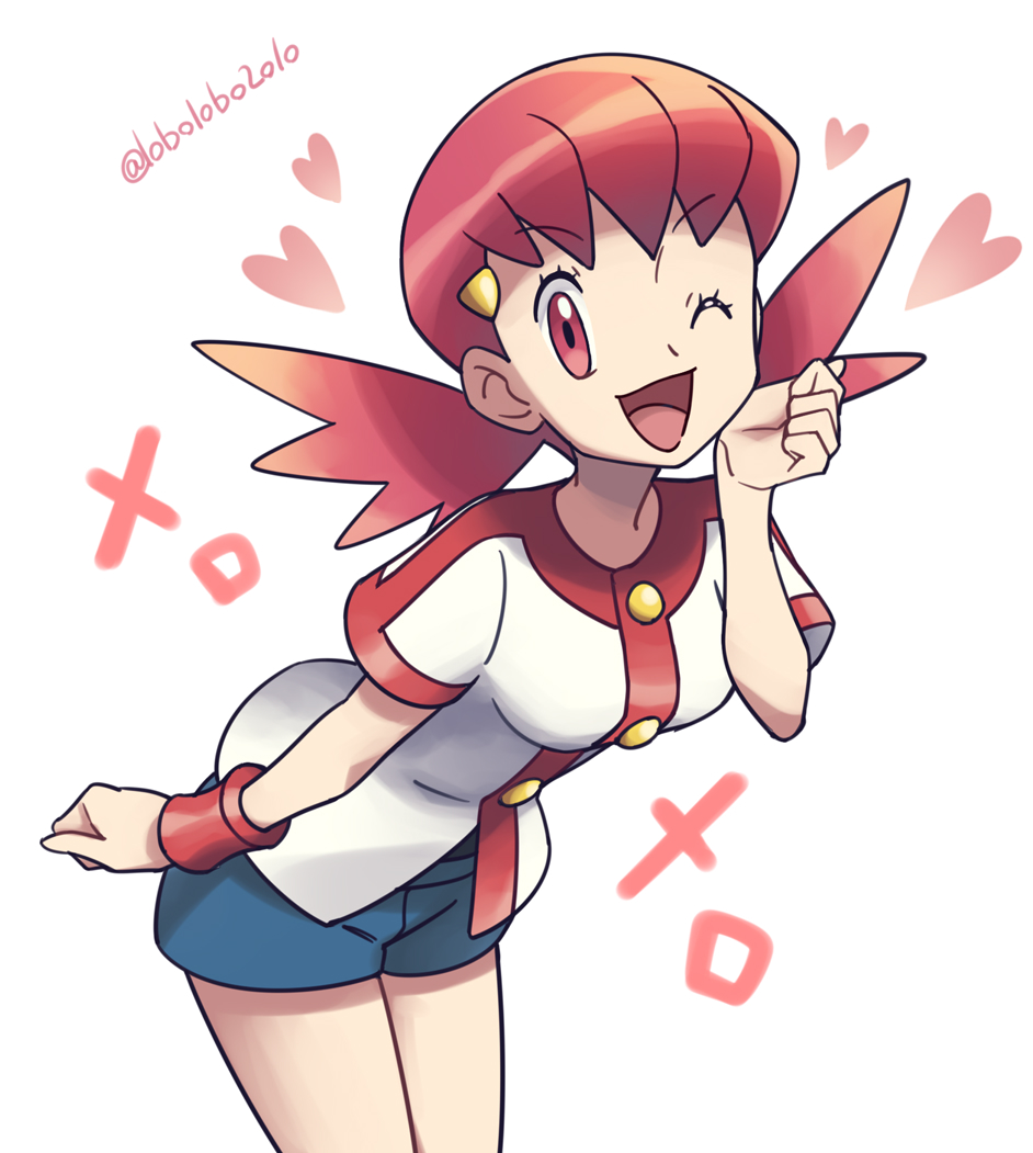 1girl, ;d, artist_name, bangs, bracelet, buttons, commentary_request, eyebrows_visible_through_hair, hair_ornament, hairclip, happy, heart, jewelry, lobolobo2010, looking_at_viewer, one_eye_closed, open_mouth, pink_eyes, pink_hair, pokemon, pokemon_(game), pokemon_hgss, shirt, short_sleeves, shorts, smile, solo, tongue, twintails, watermark, white_background, whitney_(pokemon)