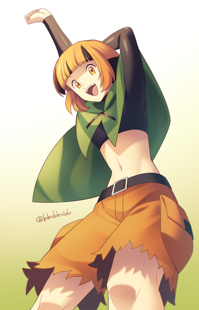 1girl, :d, arm_up, artist_name, belt, brown_hair, commentary_request, eyelashes