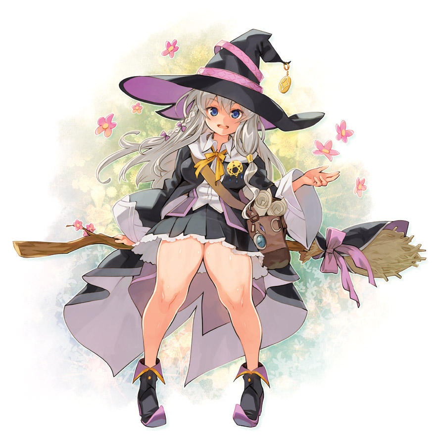 1girl, black_cloak, black_footwear, black_headwear, blue_eyes, blush, boots, broom, brown_bag, cloak, collared_shirt, commentary_request, elaina_(majo_no_tabitabi), eyebrows_visible_through_hair, full_body, hair_between_eyes, hat, holding, holding_broom, long_hair, long_sleeves, looking_at_viewer, majo_no_tabitabi, open_mouth, print_cape, ribbon, robe, ryoji_(nomura_ryouji), shirt, silver_hair, skirt, smile, solo, thick_thighs, thighs, white_shirt, witch, witch_hat