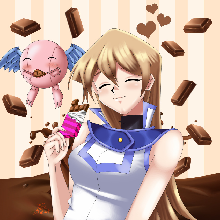1girl, black_sweater, blonde_hair, blue_bow, blush, bow, chocolate, chocolate_heart