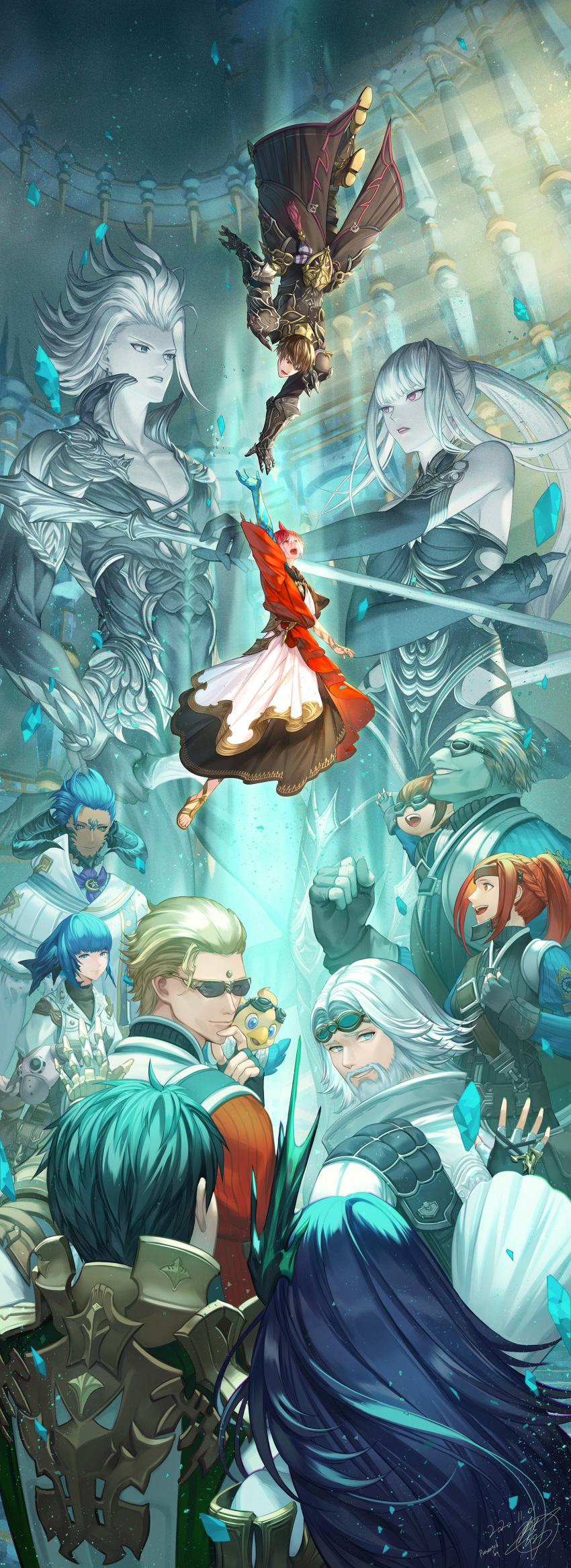 absurdres, alpha_(ff14), armor, beard, biggs_(ff14), cid_nan_garlond, crystal_exarch, dark_knight_(final_fantasy)