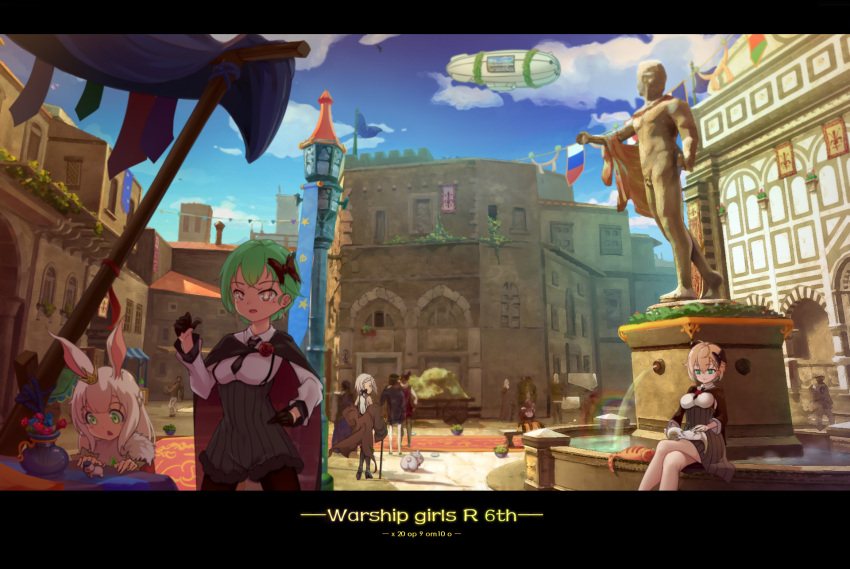 3boys, 6+girls, aircraft, animal_on_lap, anniversary, banner, bench, blonde_hair