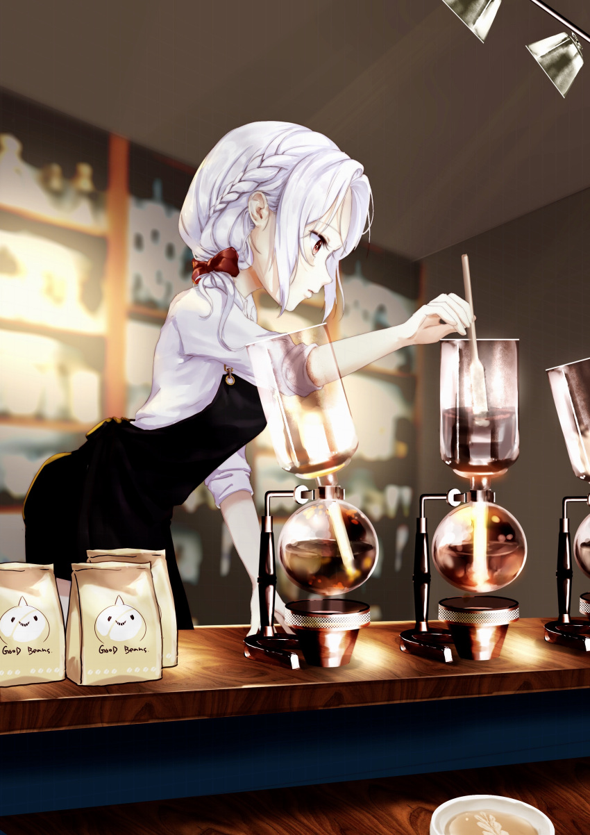 1girl, absurdres, alternate_costume, apron, arm_support, bag, barista, boiling