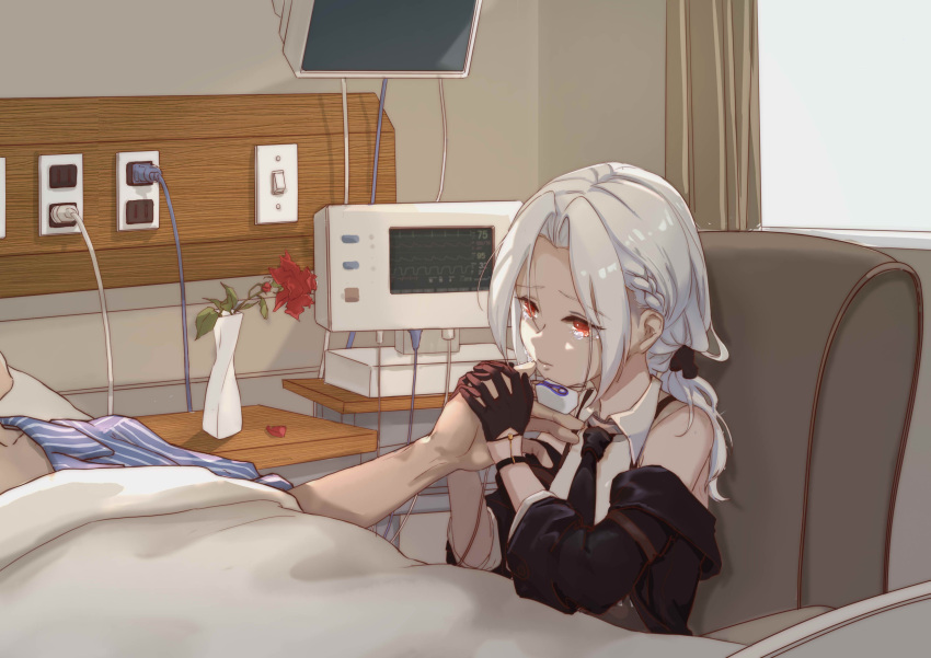 1boy, 1girl, absurdres, bed, bedside, black_bow, black_gloves, black_neckwear, bow, braid, cable, cardiogram, chair, chinese_commentary, collarbone, commentary_request, curtains, day, electric_socket, flower, french_braid, glove_garter, gloves, highres, holding_hand, hospital, hospital_bed, hospital_gown, indoors, light_switch, long_hair, monitor, n.s.egg, necktie, off-shoulder_jacket, ponytail, pulse_oximeter, red_eyes, shirt, sitting, sleeveless, sleeveless_shirt, solo_focus, tearing_up, under_covers, vase, vittorio_veneto_(warship_girls_r), warship_girls_r, white_hair, window