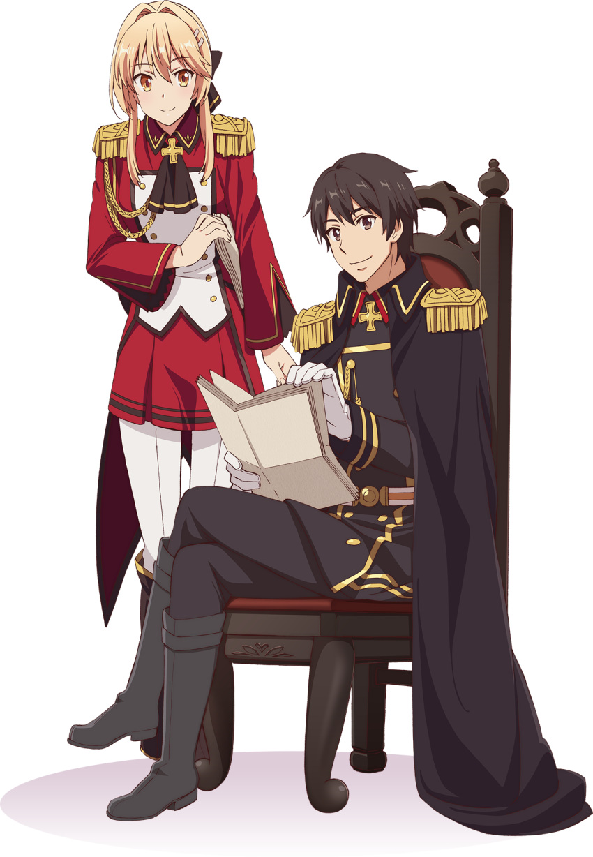 1boy, 1girl, blonde_hair, boots, brown_eyes, brown_hair, chair, genjitsu_shugi_yuusha_no_oukoku_saikenki