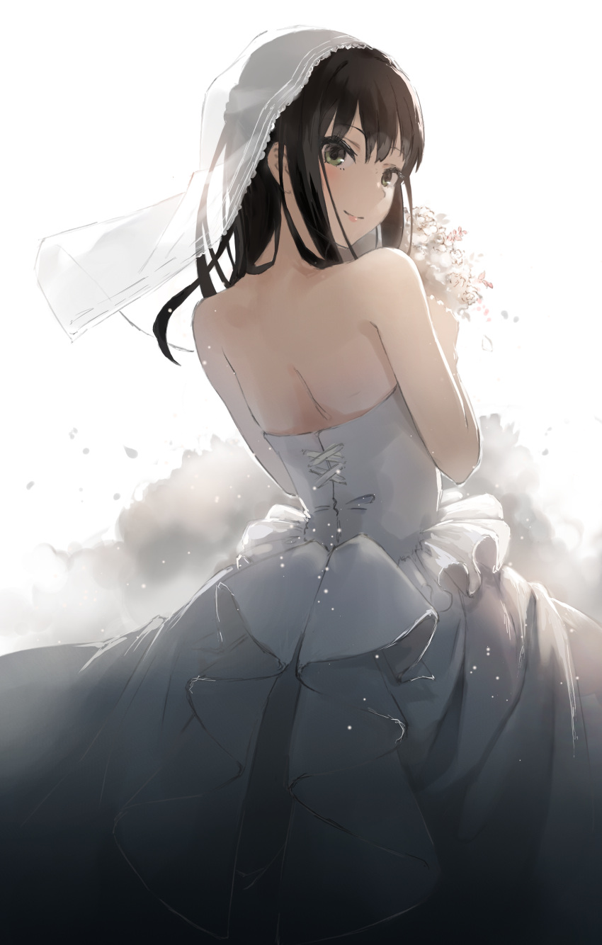 1girl, absurdres, back, bare_back, bare_shoulders, black_hair, bouquet, bridal_veil