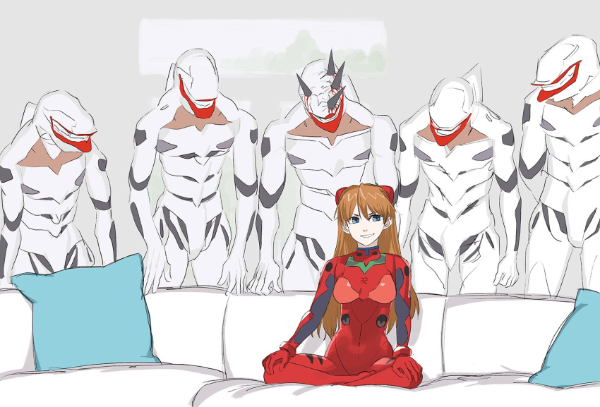 1girl, blood, blue_eyes, breasts, brown_hair, couch, covered_nipples, daibajoujisan
